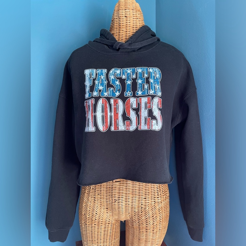 Faster Horses Cropped Hoodie country Music festival Black red white blue Medium.